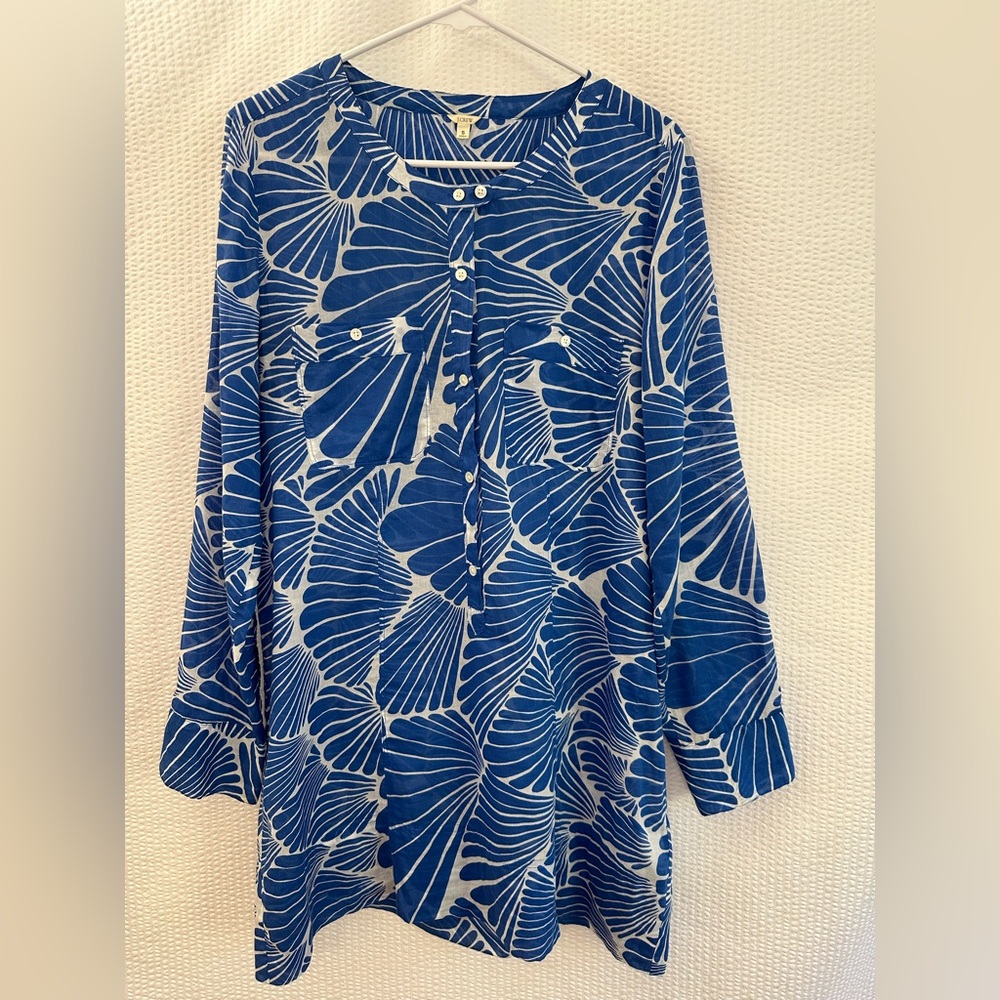 J. Crew Women’s Blue White Cover Up Long Sleeve Top Semi Sheer Size: Small